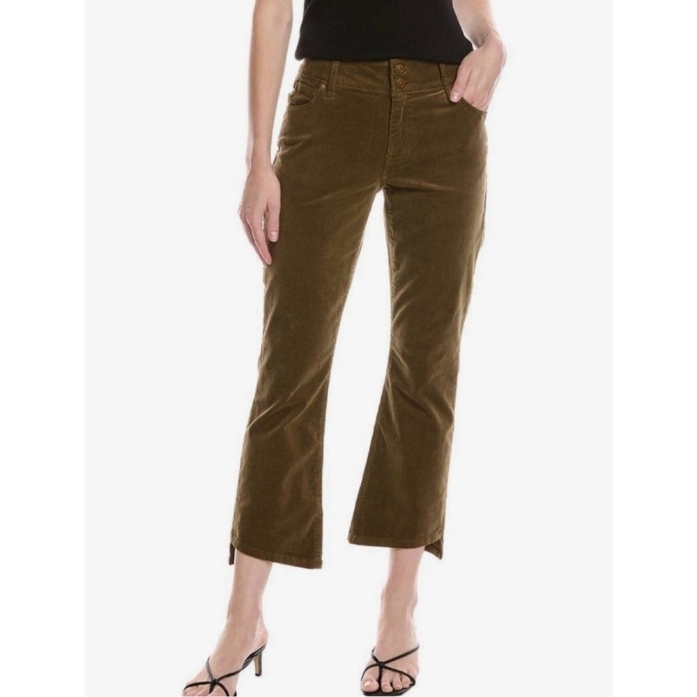 Cabi Hi-Low Crop Corduroy Jeans Moss Olive Brown High Rise Kick Flare Pants 0